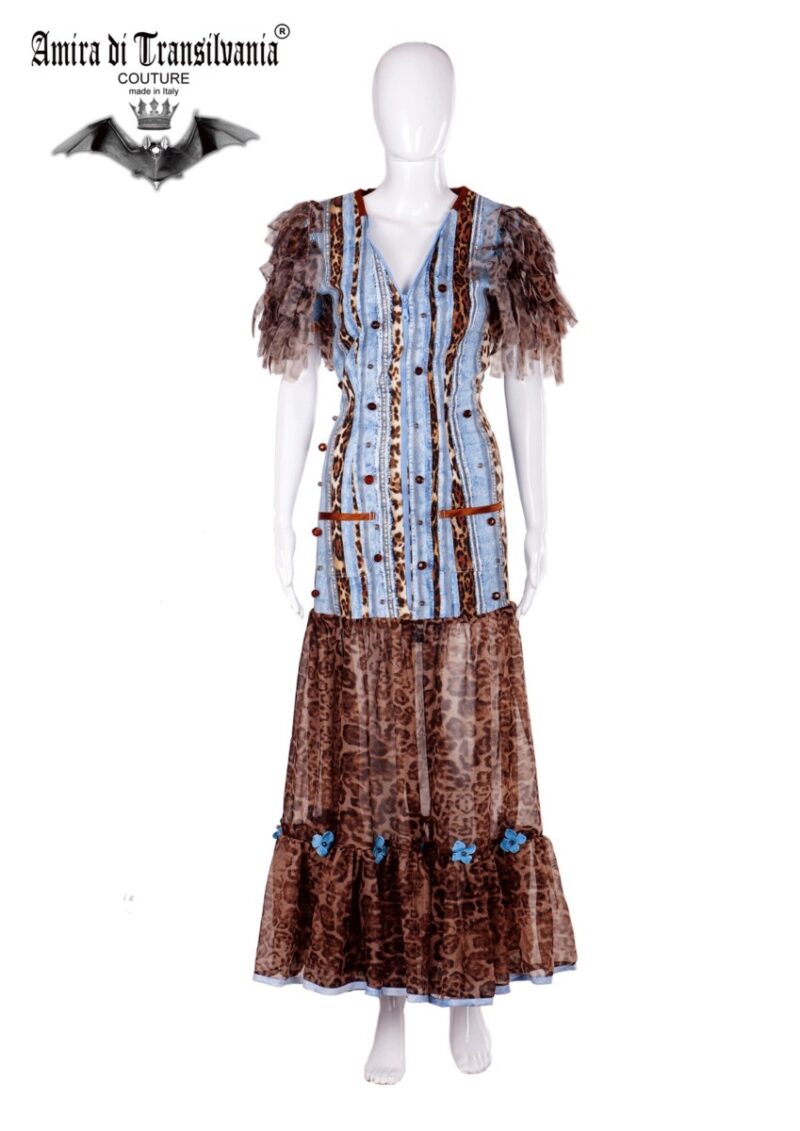 Abito couture in jeans e organza fantasia leopard